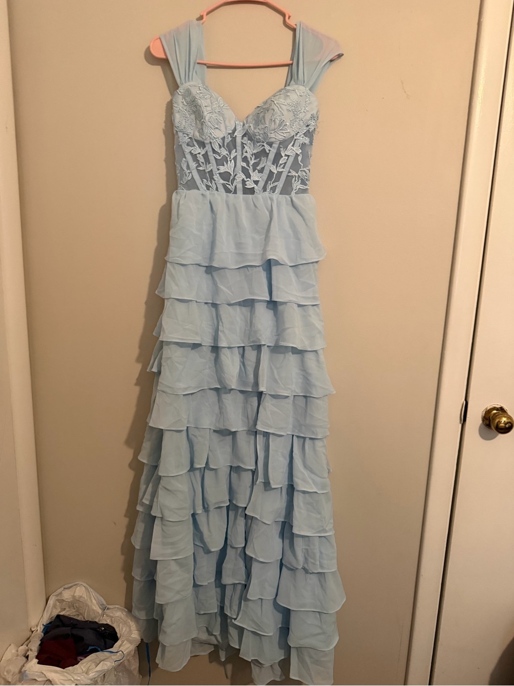 Light Blue Ruffled Lace Bodice Maxi Dress